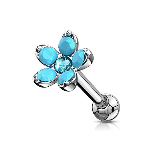 BlackAmazement Tragus Piercing Helix Stud Ohr Blume Flower Glitzer Opal Gold Silber klar blau weiß Aqua türkis pink Damen (Türkis) von BlackAmazement