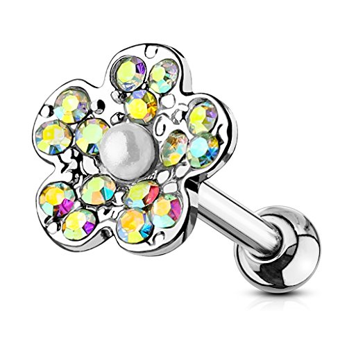 BlackAmazement Tragus Piercing Helix Stud Stecker Ohr Blume Flower Glitzer Zirkonia CZ Perle Regenbogen Silber klar pink Damen (Regenbogen) von BlackAmazement