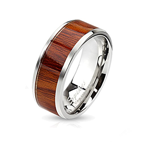 BlackAmazement Unisex Edelstahl Ring Rosen Holz Wood Inlay Band Ring Silber Herren Damen braun Rose (68 (21.6)) von BlackAmazement