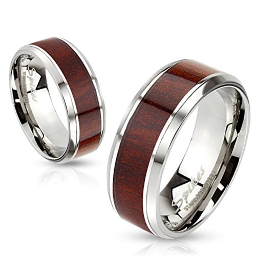 BlackAmazement Unisex Edelstahl Ring Walnuss Holz Wood Inlay Band Ring Silber Herren Damen braun Band (50 (15.9)) von BlackAmazement