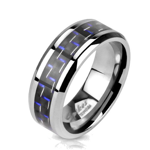 BlackAmazement Unisex Titan Ring Silber Carbon Inlay Schwarz Blau Herren Damen Partnerring Ehering (68 (21.6), Farbe: Schwarz & Blaue Streifen) von BlackAmazement