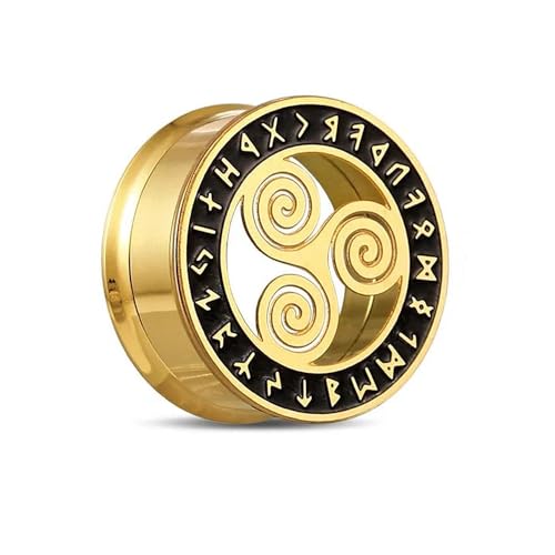 lackAmazement 316L Edelstahl Flesh Ohr Tunnel Plug Piercing Triskele Triskel Wikinger Symbol Runen Kreis gold silber Biker Damen Herren (Farbe Gold - Ø 10mm - 1 Stück) von BlackAmazement