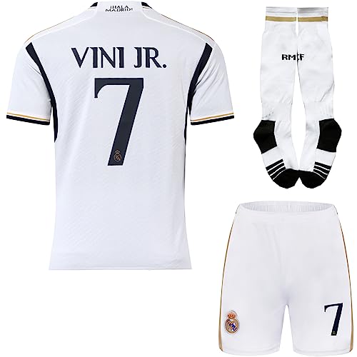 BlackAzat 2023/2024 Madrid Heim #7 Vini Jr. Vinicius Football Fußball Kinder Trikot Shorts Socken Set Jugendgrößen (Weiß/Gold,24) von BlackAzat