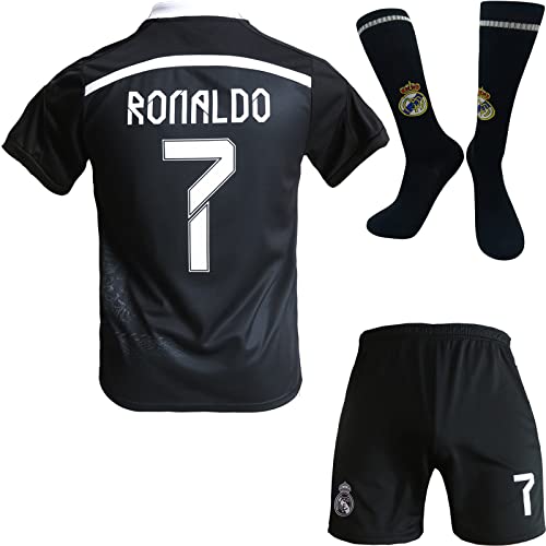 BlackAzat Madrid Heim Ronaldo #7 Retro Black Dragon Limitierte Sonderedition Seltenes Fußball Kinder Trikot Shorts Socken Set Jugendgrößen (Schwarz,24) von BlackAzat