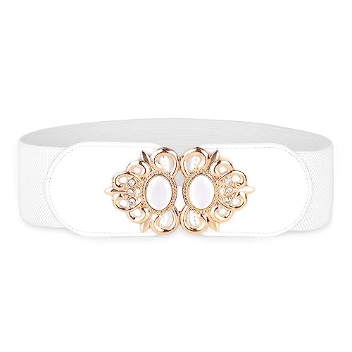 BlackButterfly Dehnbar Vintage Weit Waspie Elastisch Perle Schnalle Taille Gürtel (Weiß, M) von BlackButterfly