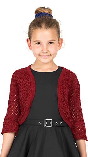 BlackButterfly Kinder Langarm Bolero Weitmaschige Strickjacke für Mädchen (Burgunderrot, 7-8 Jahre) von BlackButterfly