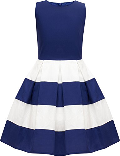 BlackButterfly Kinder 'Lilly' Vintage Gestreift Mädchen Kleid im 50er-Jahre-Stil (Königsblau, 7-8 Jahre) von BlackButterfly