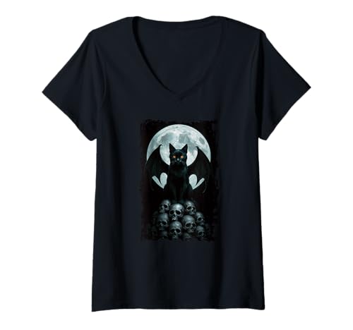 Damen Schwarze Katze Fledermaus Halloween Goth Totenköpfe Mond Mama Papa T-Shirt mit V-Ausschnitt von BlackCatAxis1