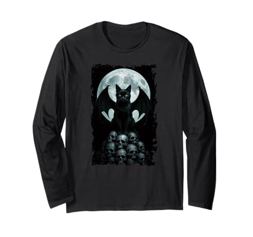 Schwarze Katze Fledermaus Halloween Goth Totenköpfe Mond Mama Papa Langarmshirt von BlackCatAxis1