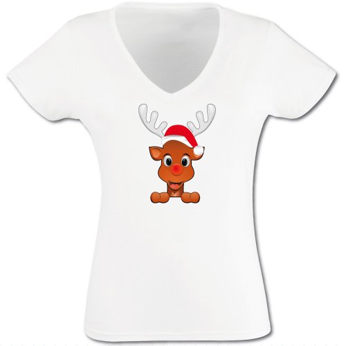 T-Shirt W Collection 01 - Damen Funshirt - Fasching - Rudolf - Rentier weiß L - lustige Tshirts für Frauen Tshirt mit Motiv von BLACKDRAGON