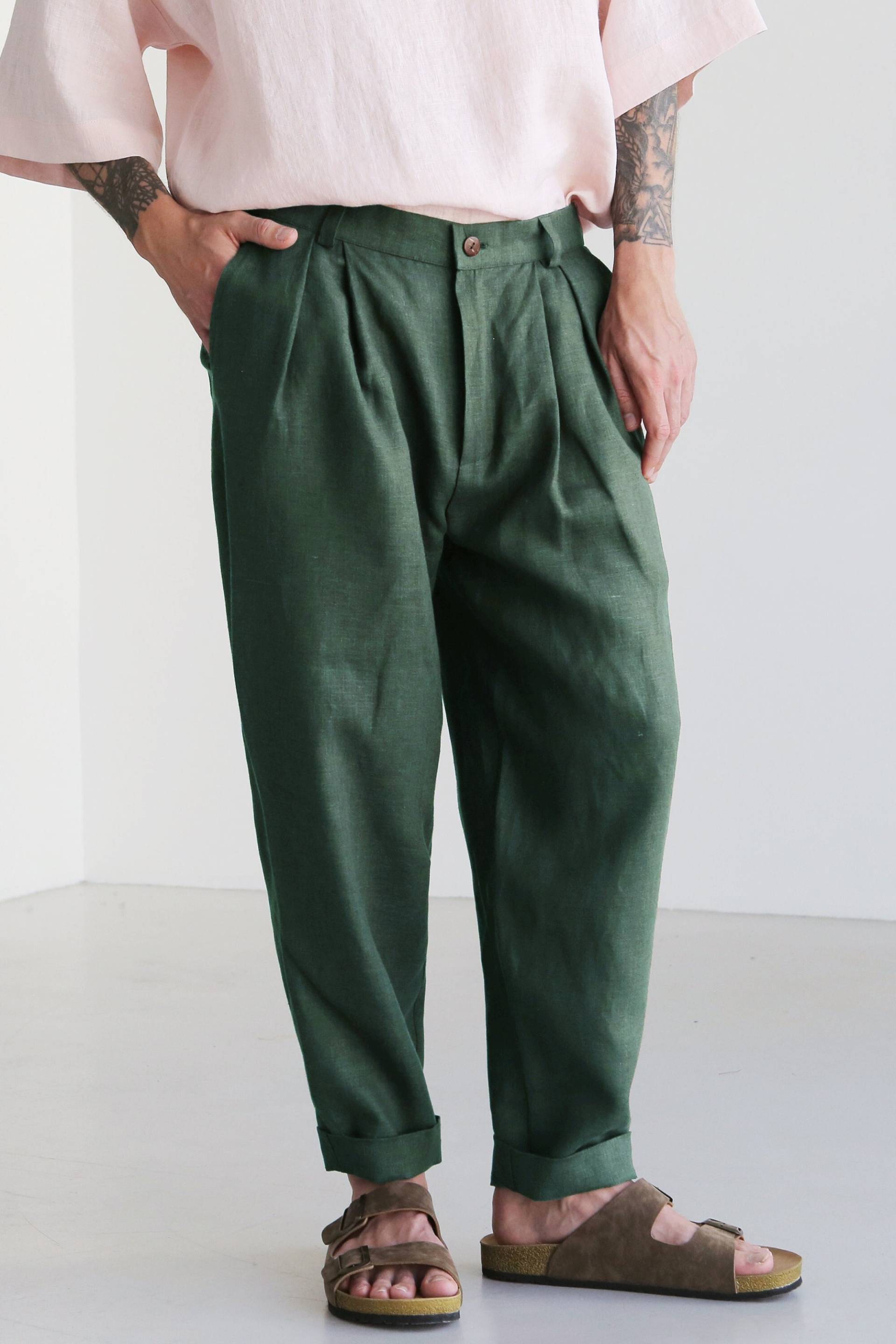 Herren-Leinenhose Mit Falten, Grüne Leinen-Jogginghose, Herrenhose, Locker Sitzende Hose, Baggy-Hose von BlackFicus