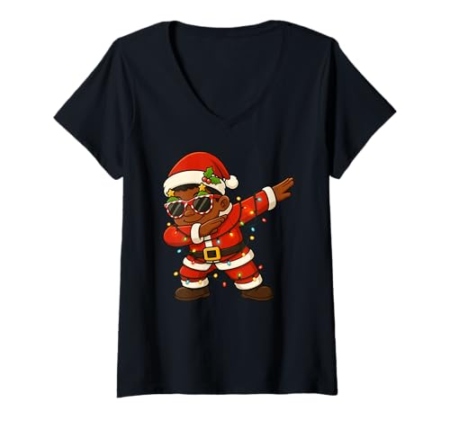 Damen Lustiges schwarzes Kind Santa Dabbing Merry Christmas Xmas Jungen Mädchen T-Shirt mit V-Ausschnitt von BlackKidAxis1