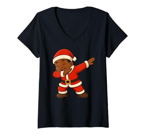 Damen Lustiges schwarzes Kind Xmas Merry Christmas Santa Dabbing Jungen Mädchen T-Shirt mit V-Ausschnitt von BlackKidAxis1