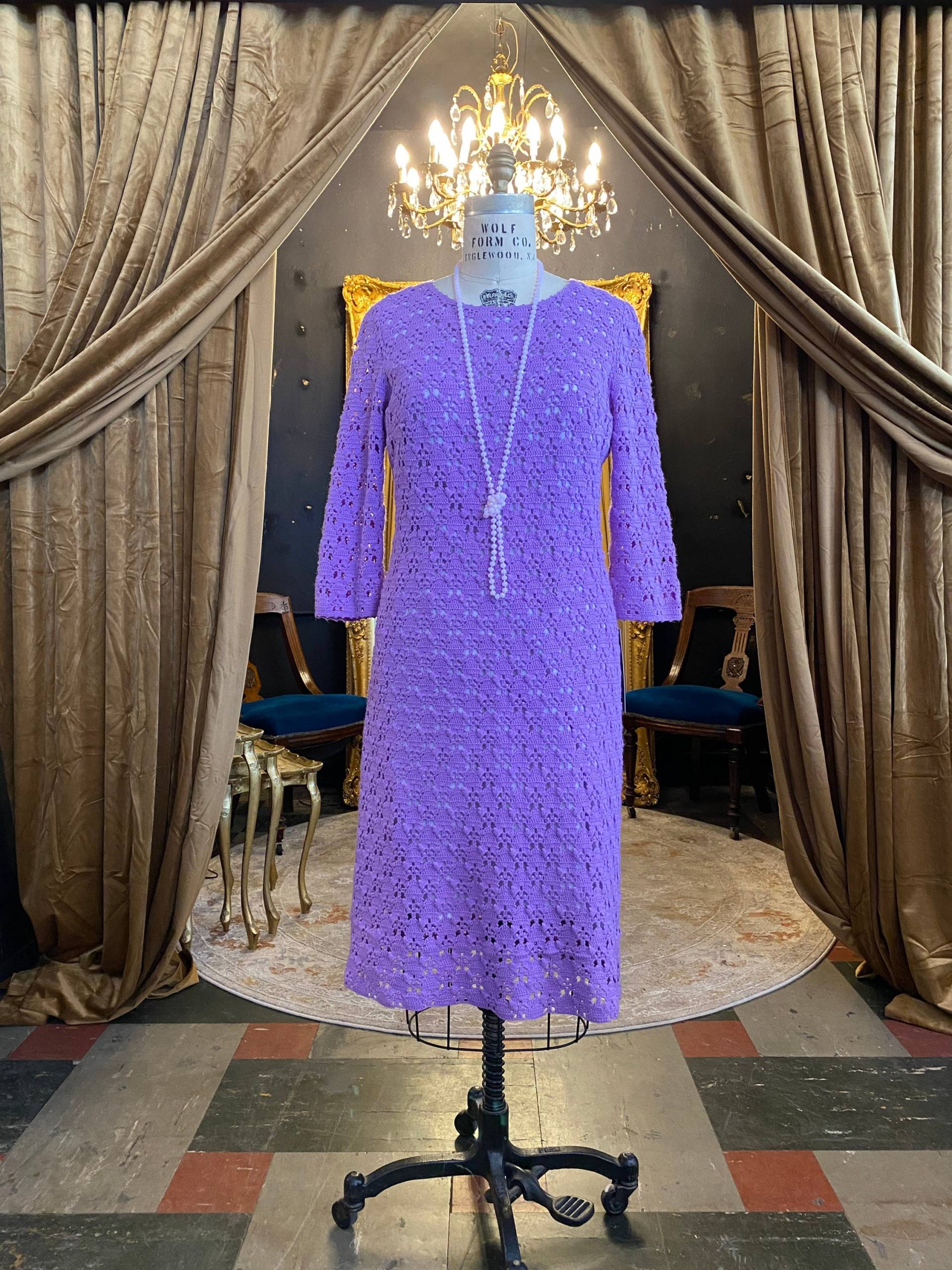 1960Er Etuikleid, Lavendel Gestrickt, Vintage 60Er Jahre Kleid, Häkelkleid, Größe L, Mod 3/4 Ärmel, Biba Style, Oberweite 38 von BlackLabelVintageWA