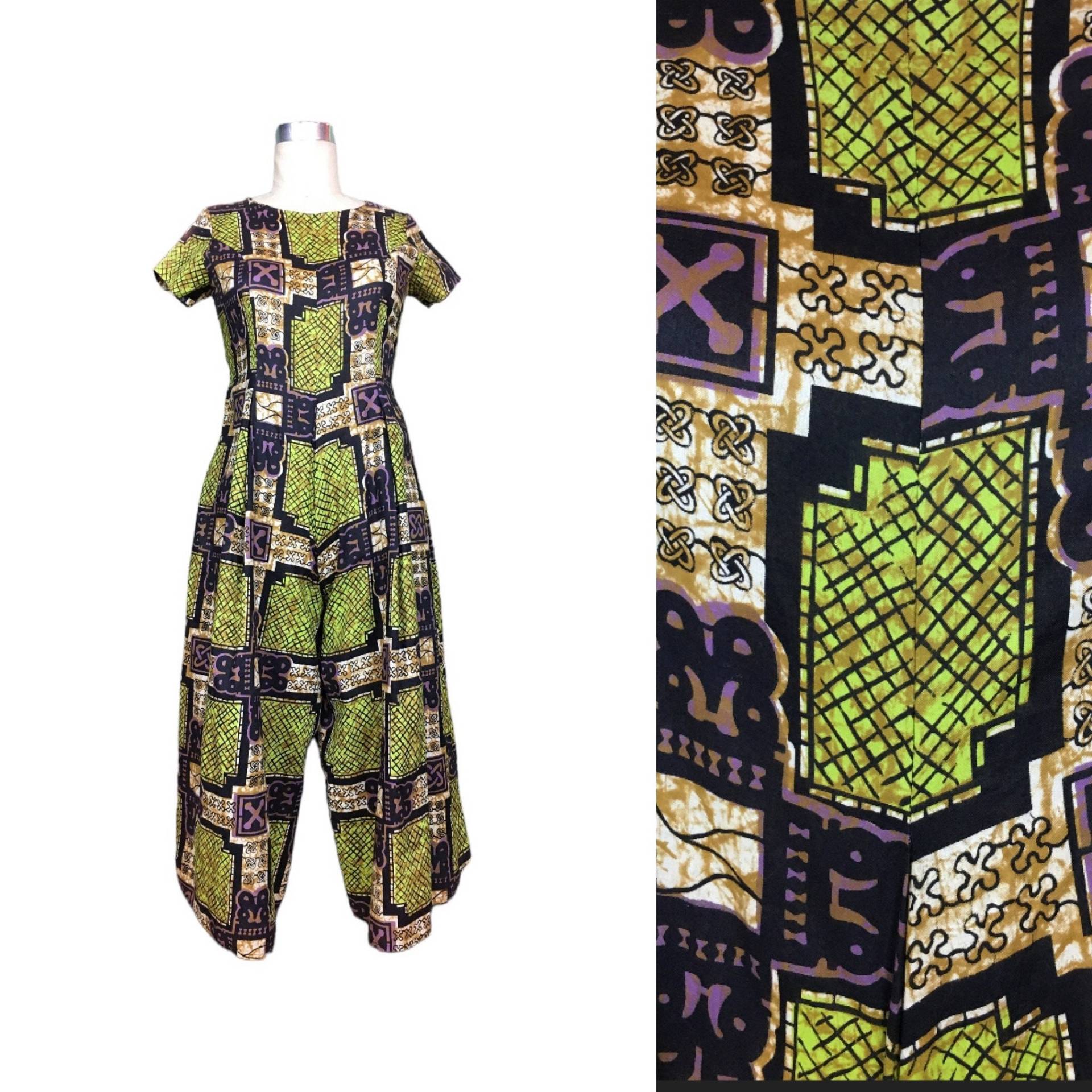 1970Er Overall, Batik Print Baumwolle, Vintage 70Er Ethno-stil, Weites Bein, Kurzer Größe Small, 32 Büste, Falten, Krawatte Taille von BlackLabelVintageWA