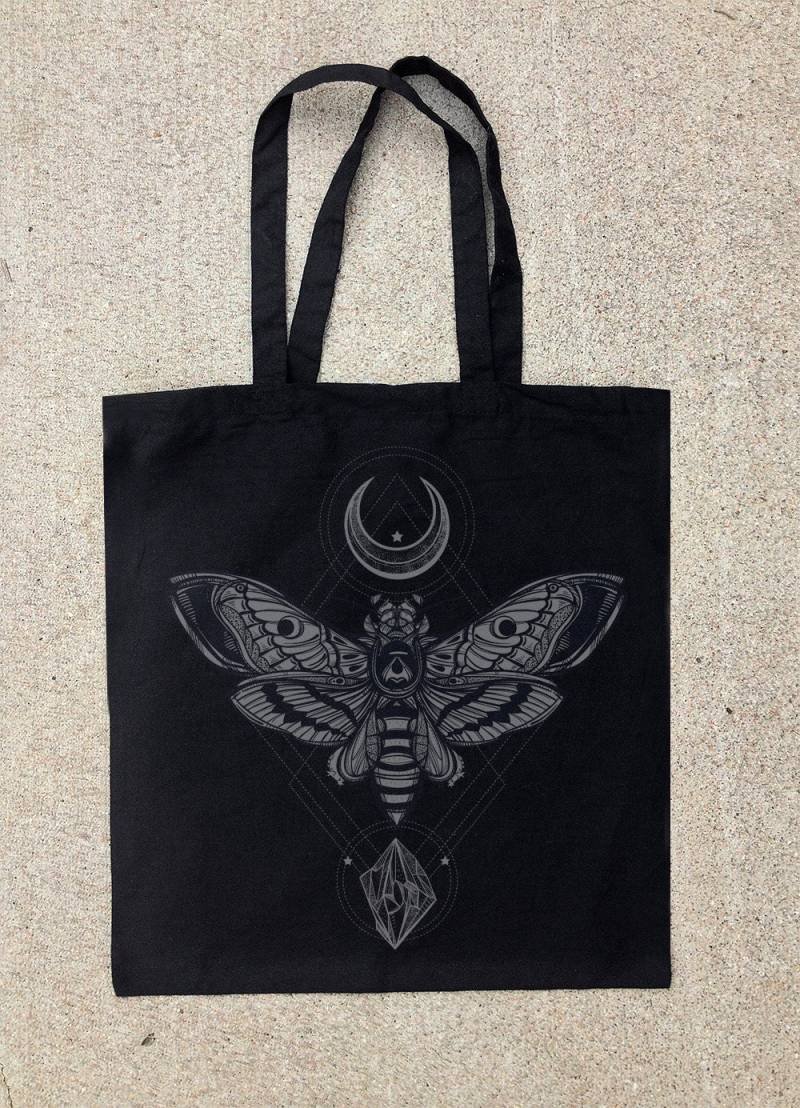 Elegante Schwarze Baumwoll-Canvas Tasche Mit Motte, Mond & Felsen Design - Brautjungfer Geschenk Oder Muttertagsgeschenk Elegante Schwarze Baumwoll-Canvas Tasche Mit Motte, Mond & Felsen Design - Brautjungfer Geschenk Oder Muttertagsgeschenk von BlackLanternStudio