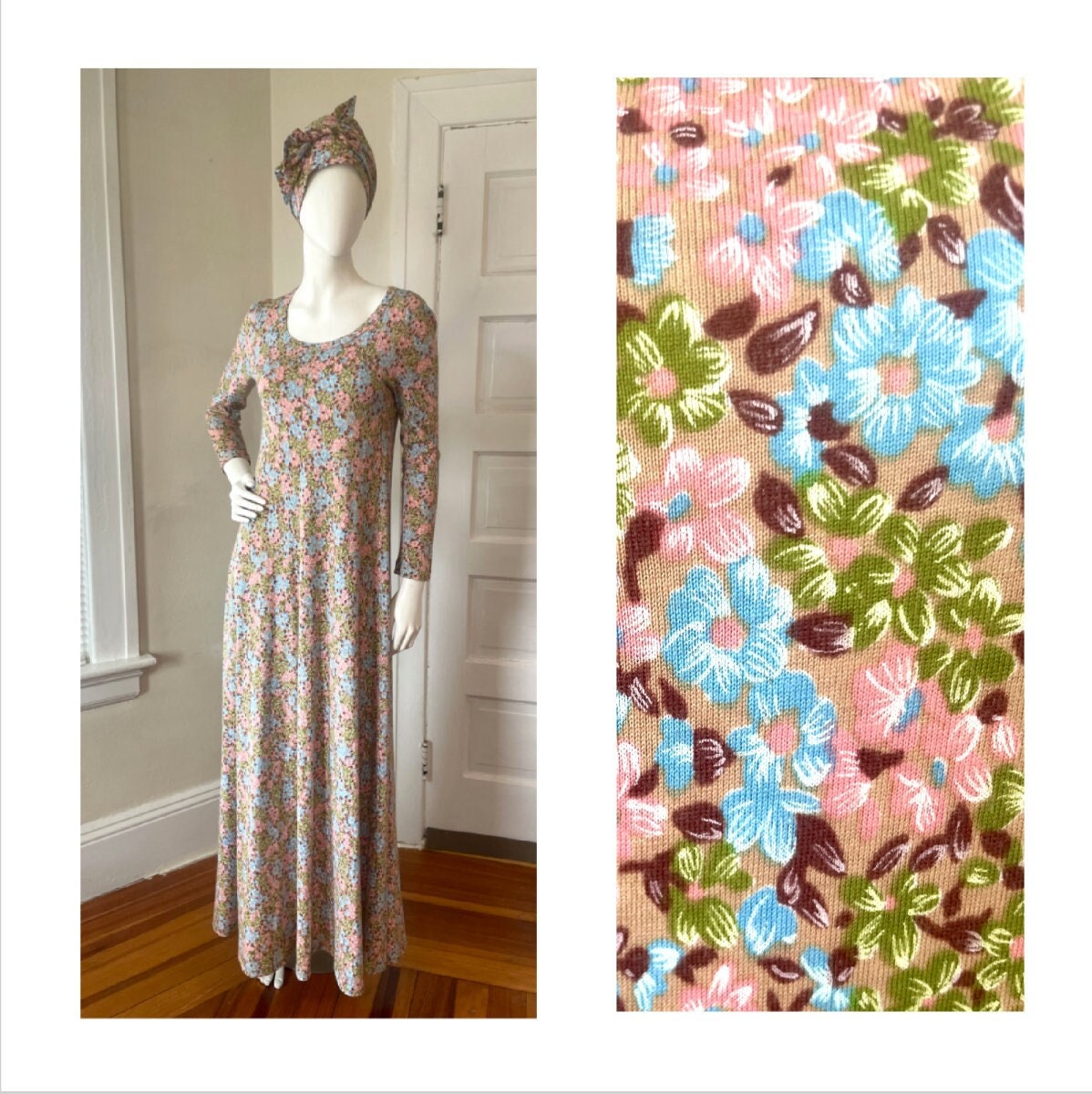 Vintage 1970Er Jahre Diane Von Fürstenberg Dvf Floral Strick Maxi Kleid Größe 10 Small Medium von BlackLodgeVintage