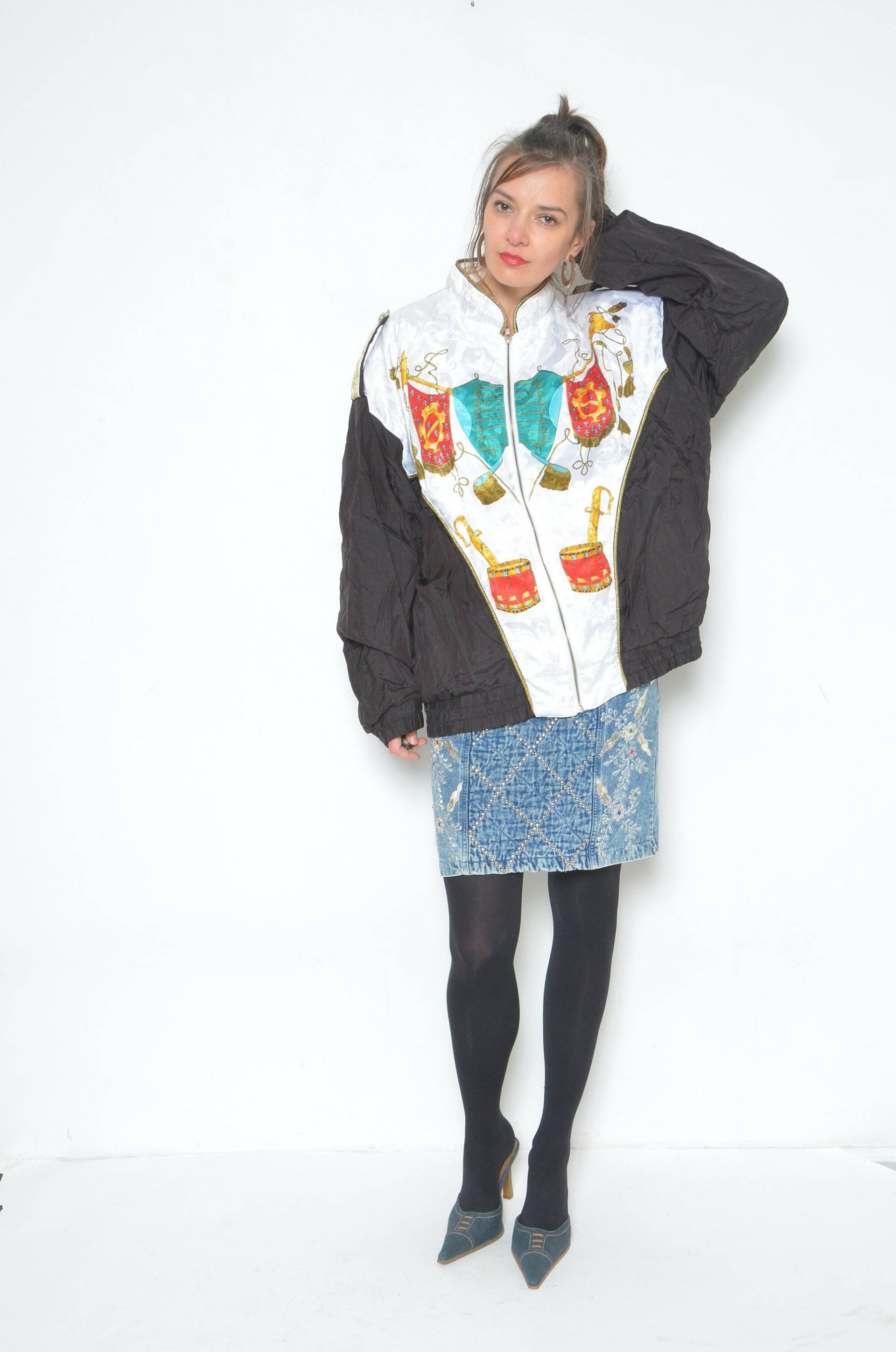 Barock Print Bomber/Vintage 80Er Satin Bedruckter Francesca Retro Rave Oversized Track Jacket - Größe Xl von BlackPaganVintage