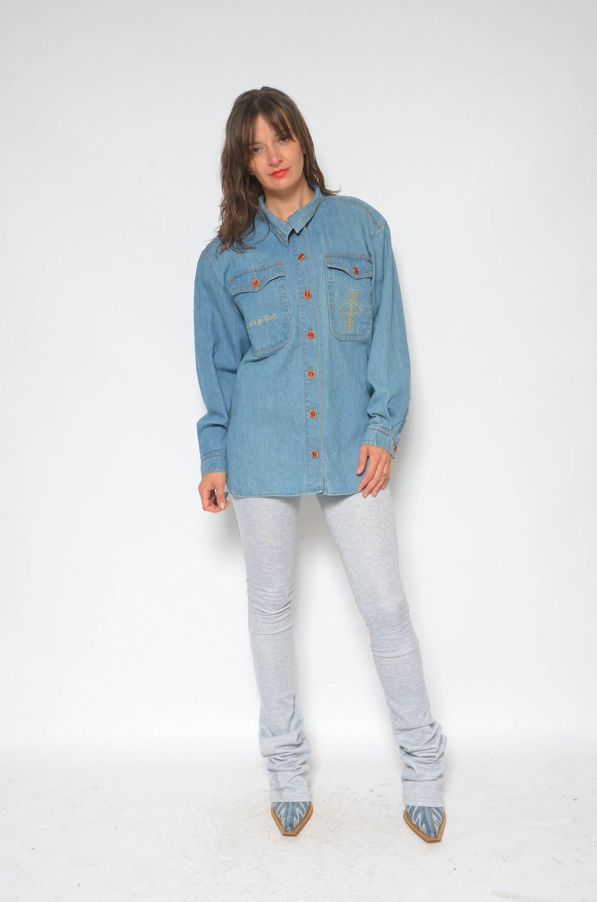 Betty Barclay Verschönert Jeans Knopf Shirt/Vintage 80Er Bestickt Go West Acid Wash Langarm Blau Jean Grunge Top - Größe Groß von BlackPaganVintage