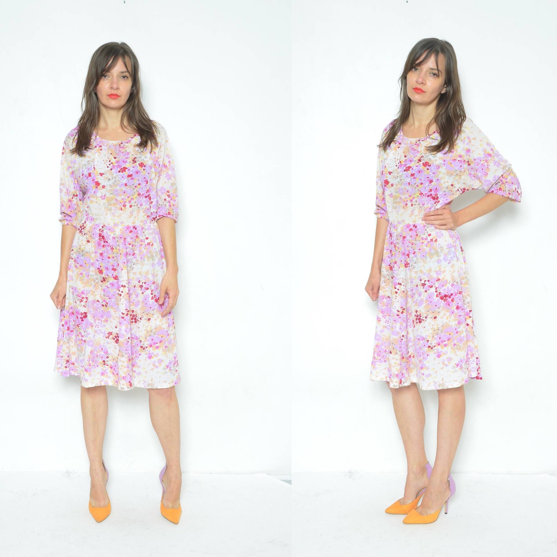 Buntes 80Er Jahre Kleid/Vintage Mid Sheer Halbarm Abstrakt Floral Muster Midi Sommerkleid - Größe Groß von BlackPaganVintage