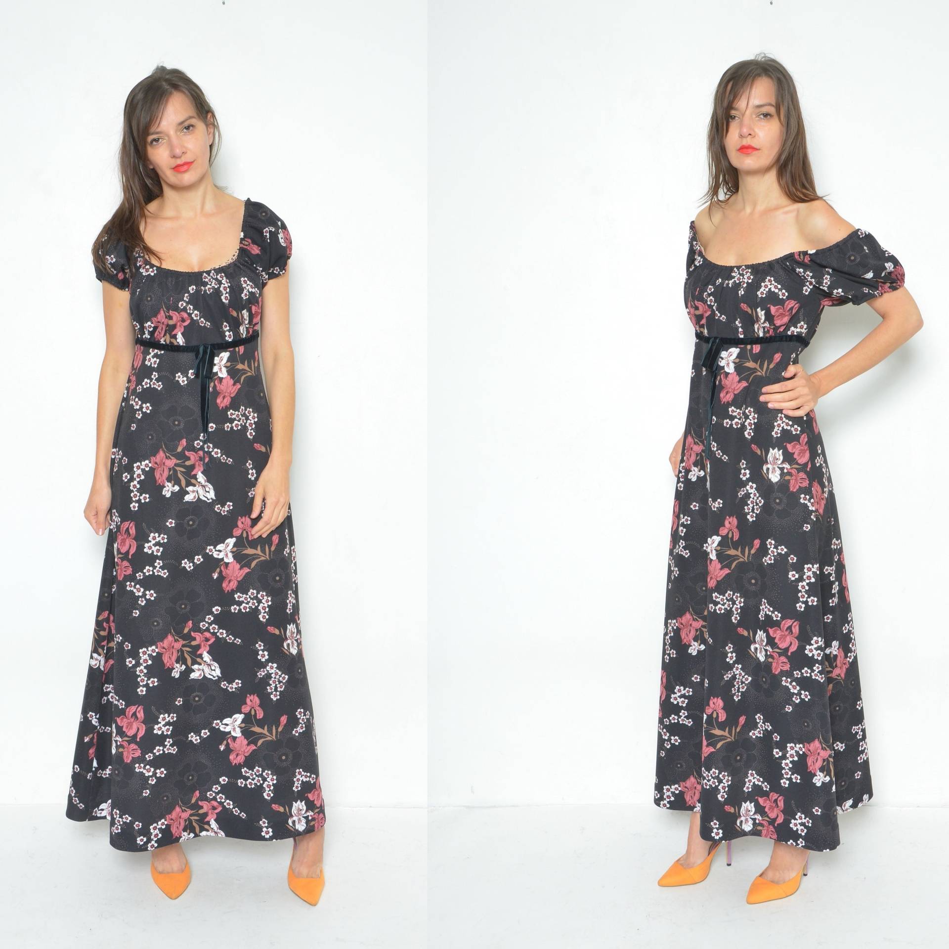 Florales Schulterloses Kleid/Vintage 80Er Jahre Off The Shoulder Long Dress - Größe Medium von BlackPaganVintage