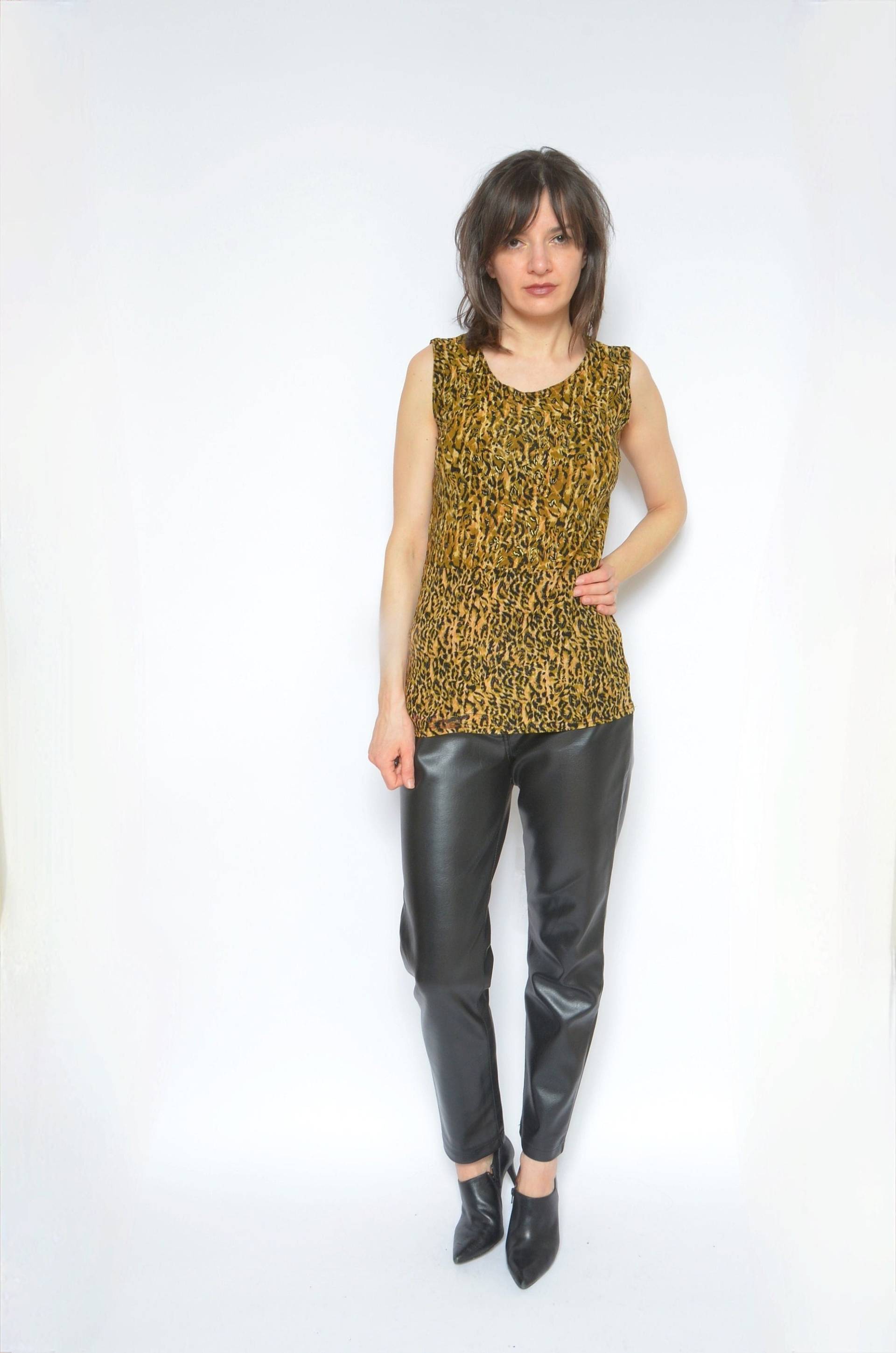 Leopard Print Bluse/Vintage 90Er Jahre Metallic Animal Ärmelloses Top Shirt - Größe Medium von BlackPaganVintage