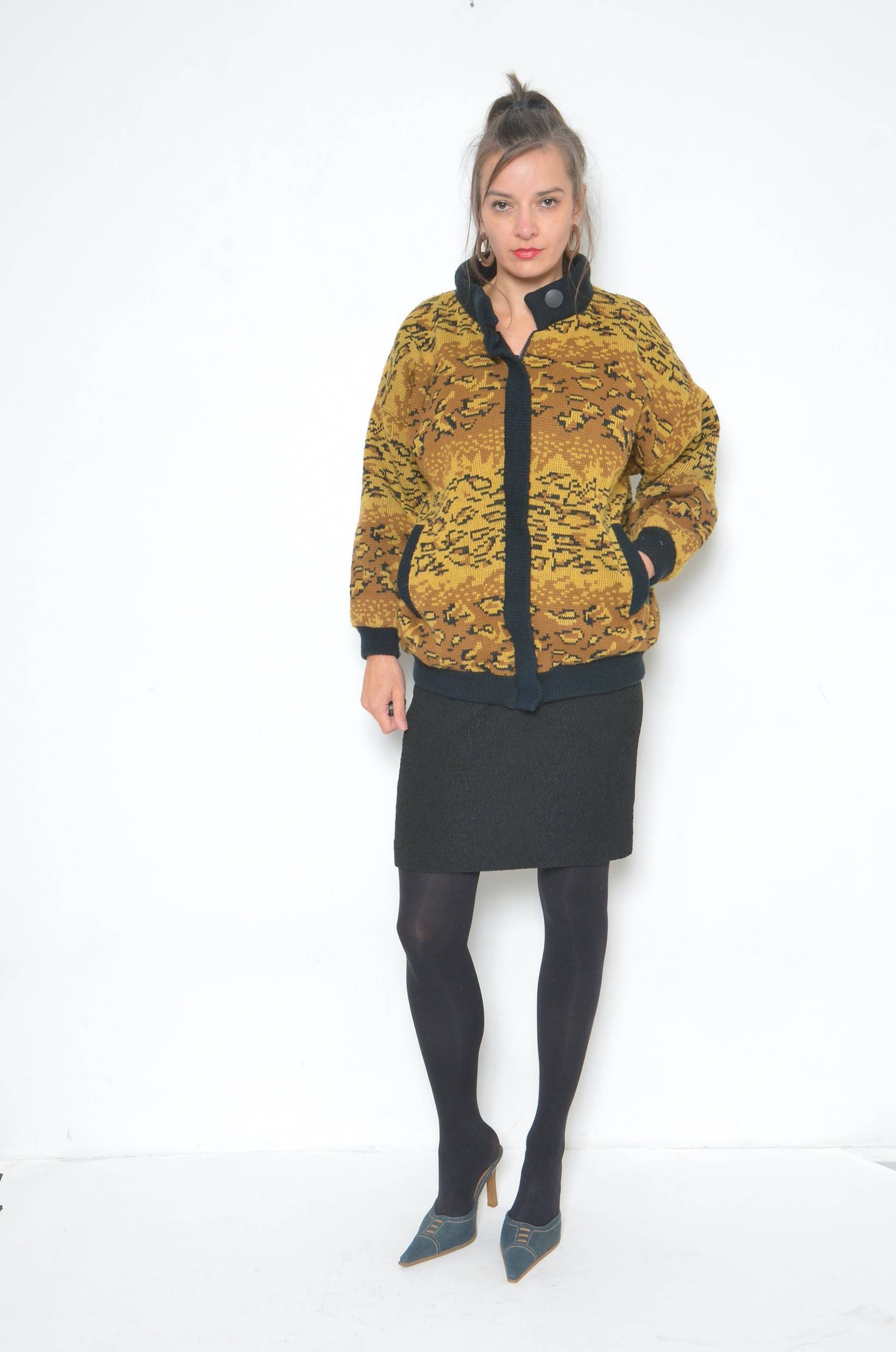 Leopardenpullover Jacke/Vintage 80Er Jahre Animal Print Zipper One Button Warm Oversized Cardigan - Size von BlackPaganVintage