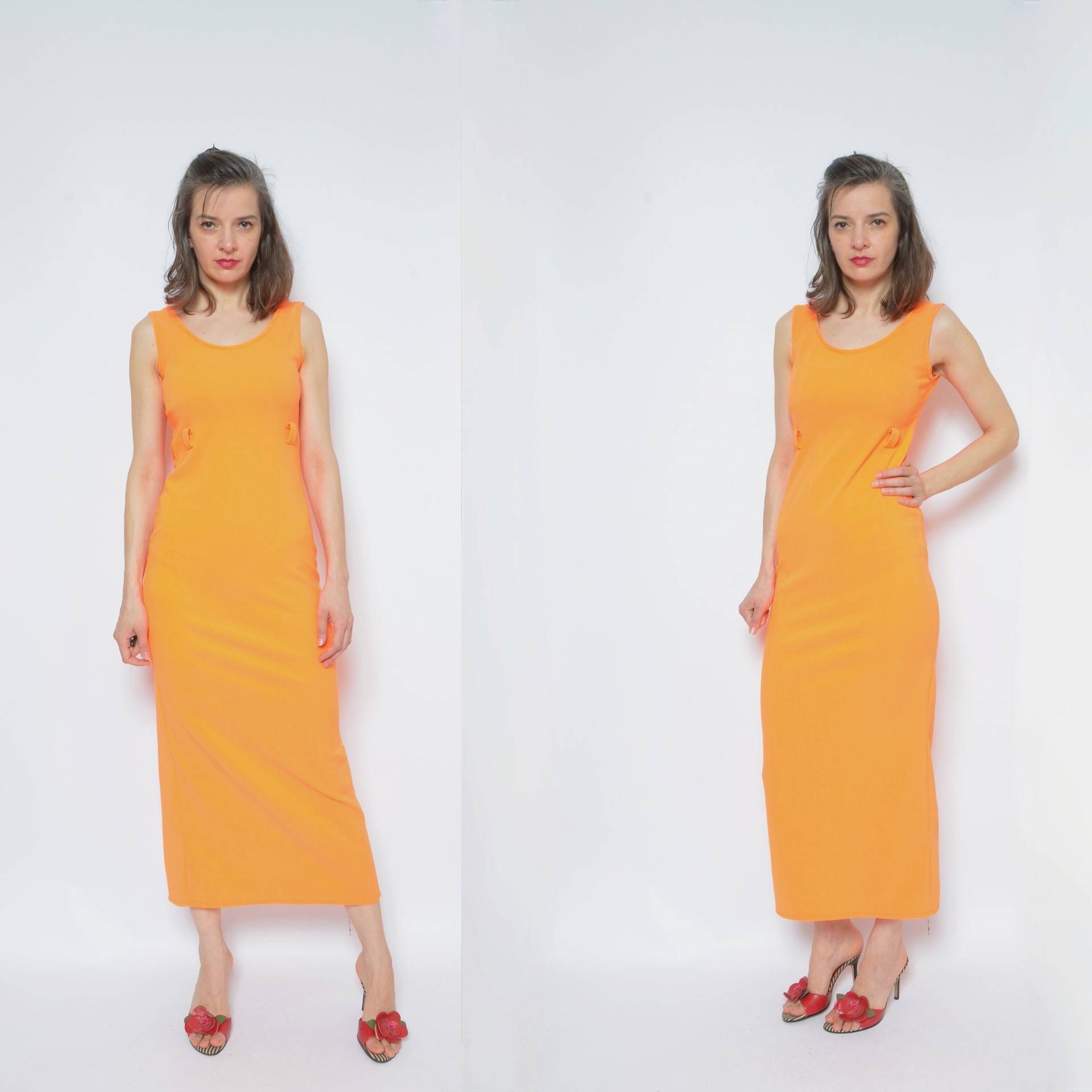 Neon Orange Tight Maxi Kleid/Vintage 90Er Jahre Ärmelloses Geripptes Gerades - Größe Klein von BlackPaganVintage