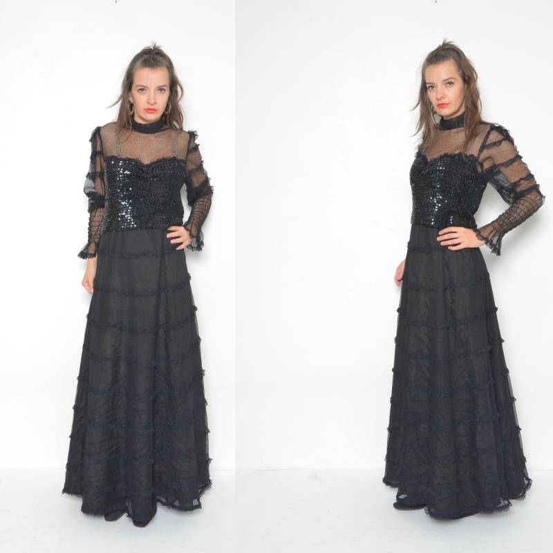 Vintage 80Er Jahre Pailletten Netz Maxi Kleid Mit Langen Ärmeln Mock Neck Flared Abendkleid - Größe Medium von MikseStudio