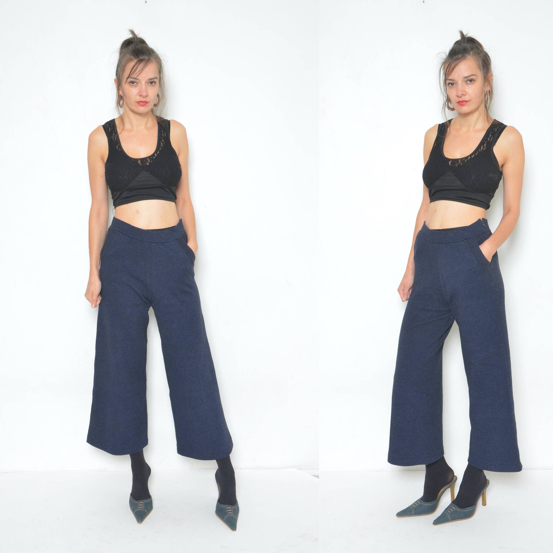 Palazzo Strickhose /Vintage 90Er Jahre Baumwolle High Waisted Flared Wide Leg Cropped Pants - Größe Extra Klein von BlackPaganVintage