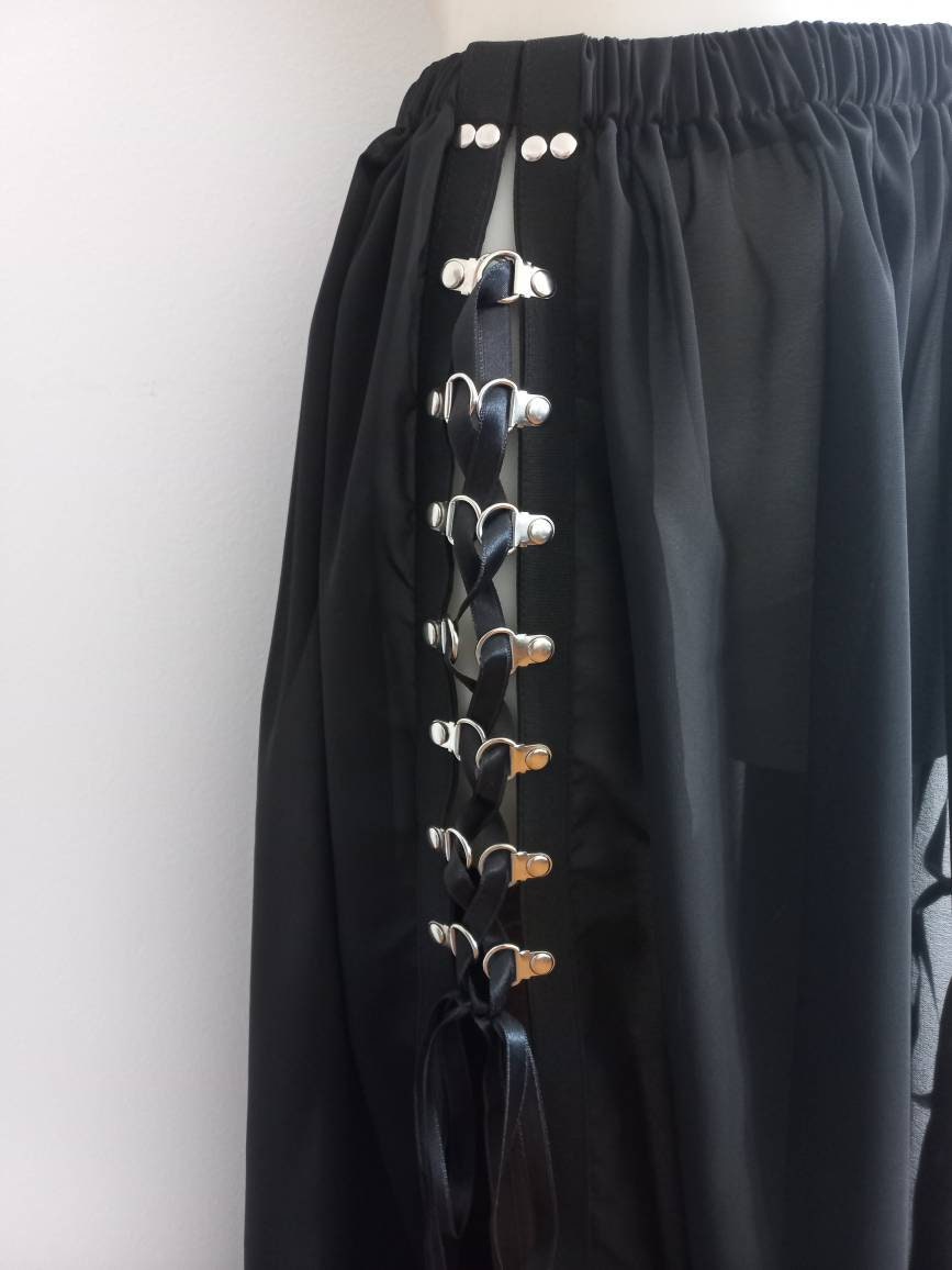 Gothic Chiffon Maxi Rock Geschnürt Schwarz Xs-Xxxl von BlackPearlAltFashion