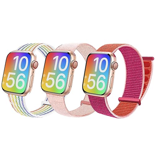 BlackPro Apple Watch-Armband für Kinder, atmungsaktiv, weiches Nylon-Armband für Jungen und Mädchen, kompatibel mit Apple Watch Series 7/6/5/4/3/2/1/SE, 38 mm, Regenbogen und 41 mm, Rot & Hellrosa ) von BlackPro