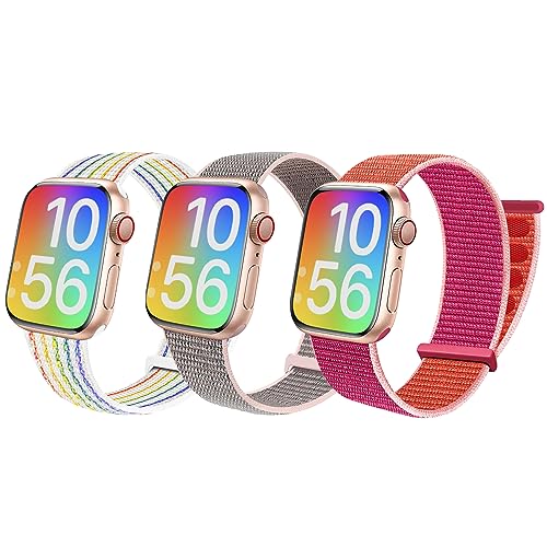 BlackPro Apple Watch-Armband für Kinder, atmungsaktiv, weiches Nylon-Armband für Jungen und Mädchen, kompatibel mit Apple Watch Series 7/6/5/4/3/2/1/SE, 38 mm, Regenbogen und 41 mm, Rot & Sandrosa ) von BlackPro