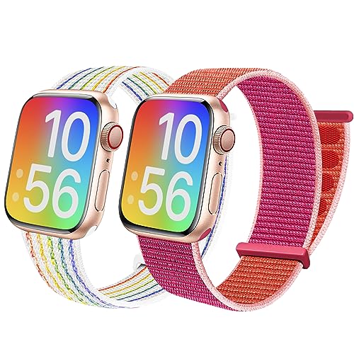 BlackPro Apple Watch-Armband für Kinder, atmungsaktiv, weiches Nylon-Schlaufenarmband für Jungen und Mädchen, kompatibel mit Apple Watch Serie 7/6/5/4/3/2/1/SE, 44 mm, 45 mm (Regenbogen und Pomered) von BlackPro