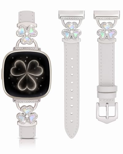Lederbänder kompatibel mit Fitbit Versa 4/Fitbit Versa 3/Fitbit Sense/Sense 2 für Damen, schlankes Lederarmband mit Designer-Schnalle mit drei Herzen, Schnalle für Fitbit Versa 4 Band (Starlight von BlackPro