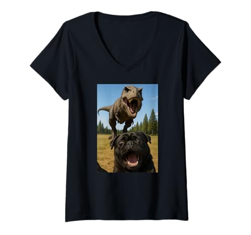 Damen Lustiger schwarzer Mops Dinosaurier Trex Selfie Tierliebhaber Mama Papa T-Shirt mit V-Ausschnitt von BlackPugAxis1