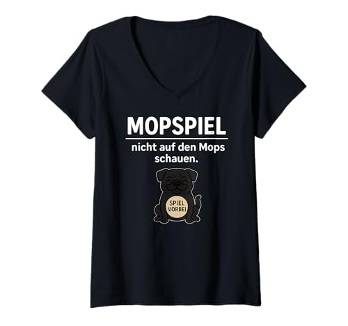 Damen Lustiger schwarzer Mops Don't Look Game Over Animal Lover Mom Dad T-Shirt mit V-Ausschnitt von BlackPugAxis1