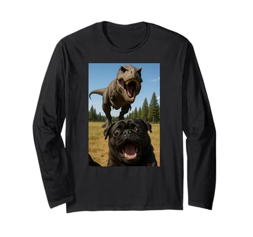 Lustiger schwarzer Mops Dinosaurier Trex Selfie Tierliebhaber Mama Papa Langarmshirt von BlackPugAxis1