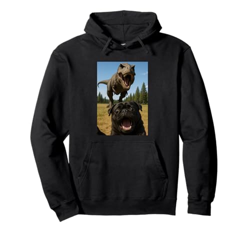 Lustiger schwarzer Mops Dinosaurier Trex Selfie Tierliebhaber Mama Papa Pullover Hoodie von BlackPugAxis1