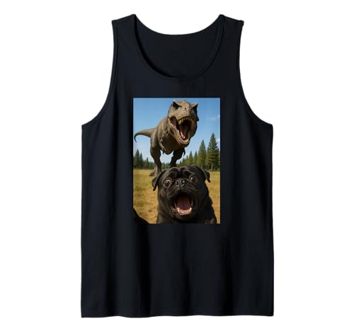 Lustiger schwarzer Mops Dinosaurier Trex Selfie Tierliebhaber Mama Papa Tank Top von BlackPugAxis1