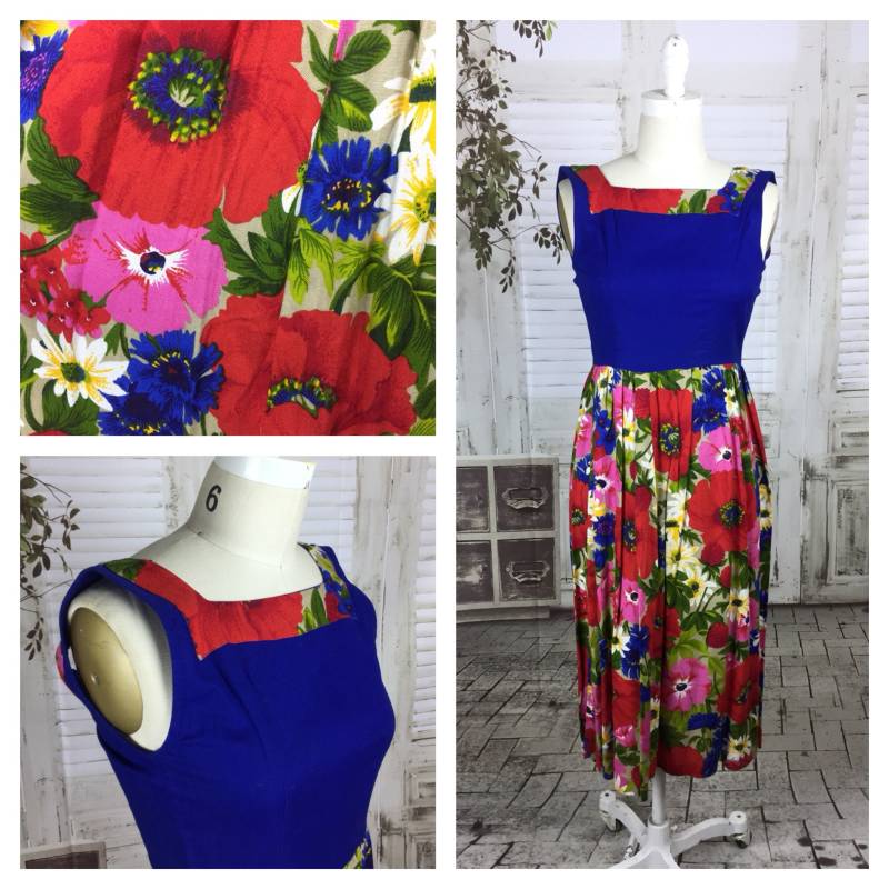 Eine Original Periode Vintage 1950Er Jahre Blau Blume Druck Kleid Größe Xs Petite Taille 24Inch | Ca. 6-8 von BlackSheepAntiquesUK