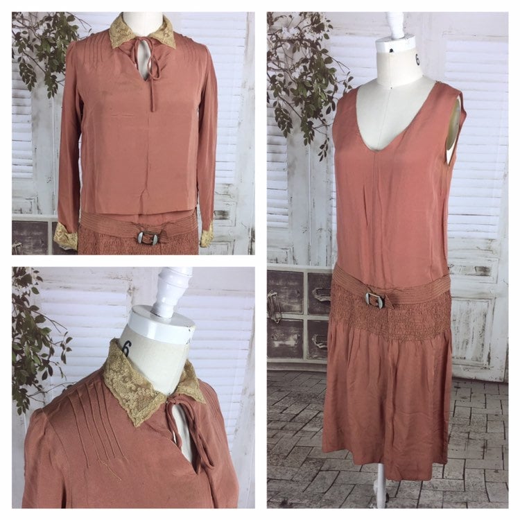 Original 1920Er Jahre Drop Taille Vintage Erröten Kleid Set Mit Lamé Stickerei Und Spitze Trim von BlackSheepAntiquesUK