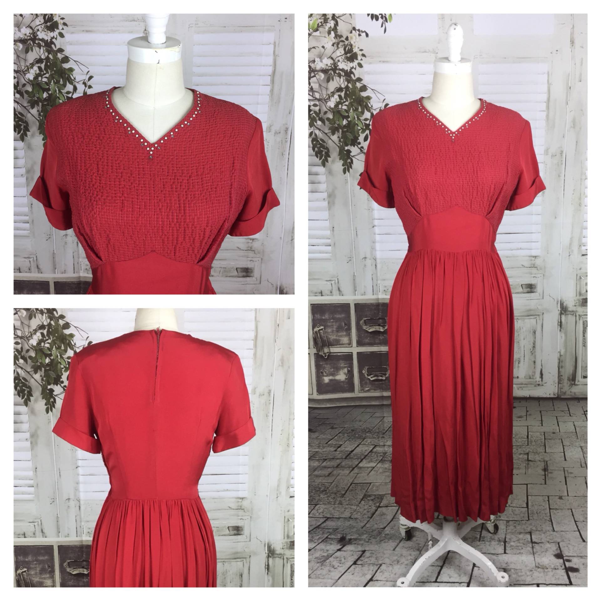 Original 1940Er Jahre Vintage Rot Besetzt Kleid von BlackSheepAntiquesUK
