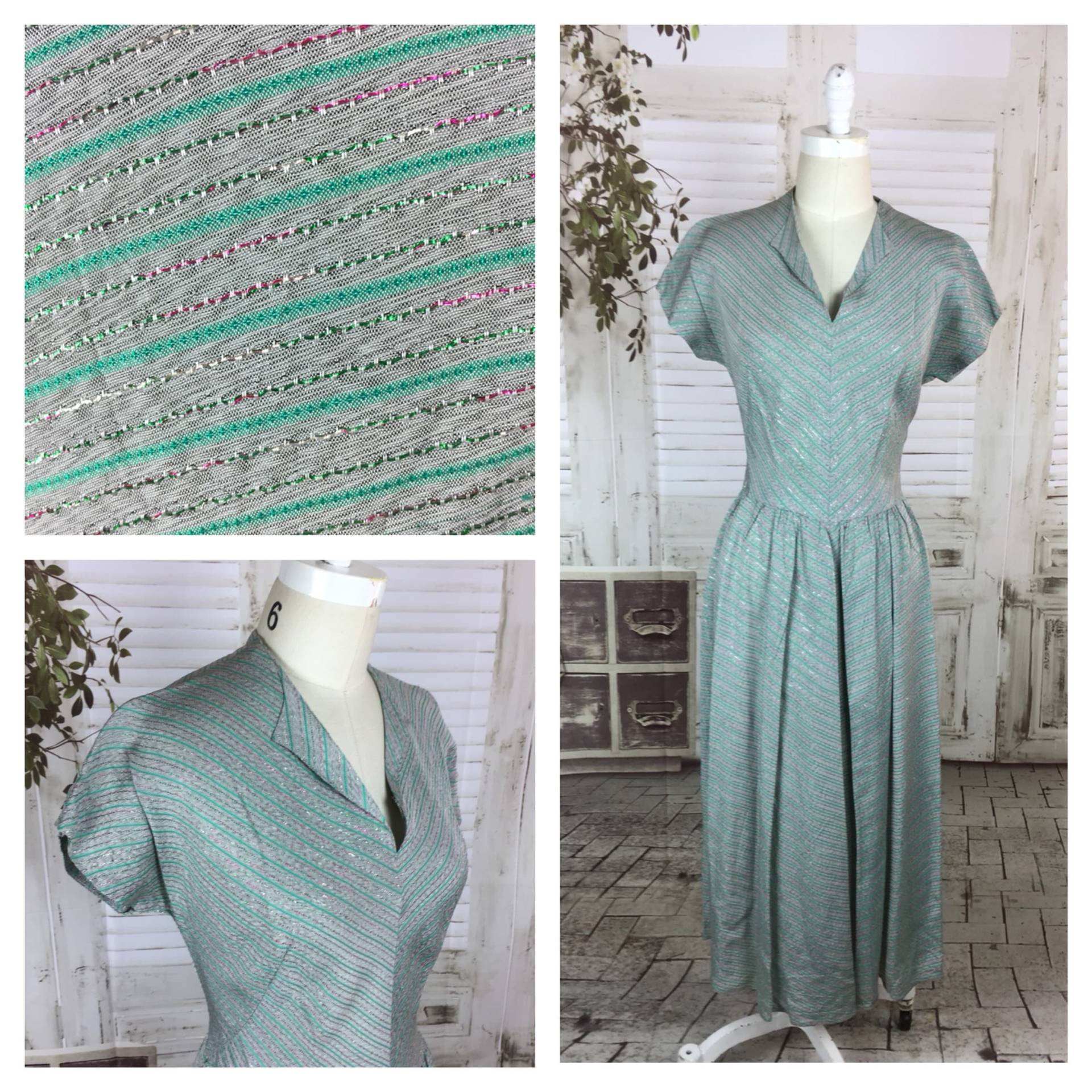 Original 1950Er Jahre Vintage Grün Grau Streifen Tag Kleid von BlackSheepAntiquesUK