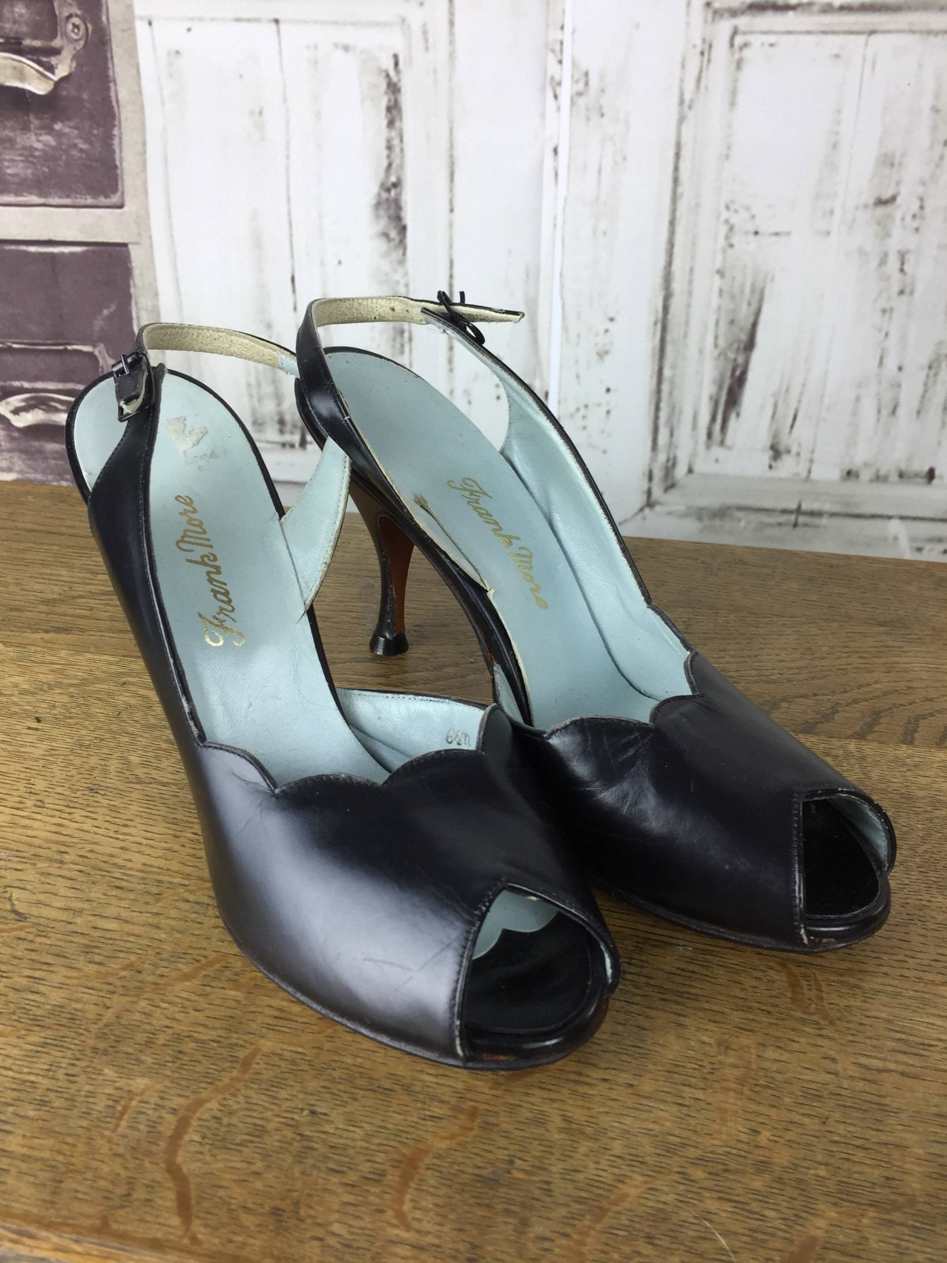Original 1950Er Jahre Vintage Schwarz Leder Stiletto Heels Von Frank Mehr von BlackSheepAntiquesUK