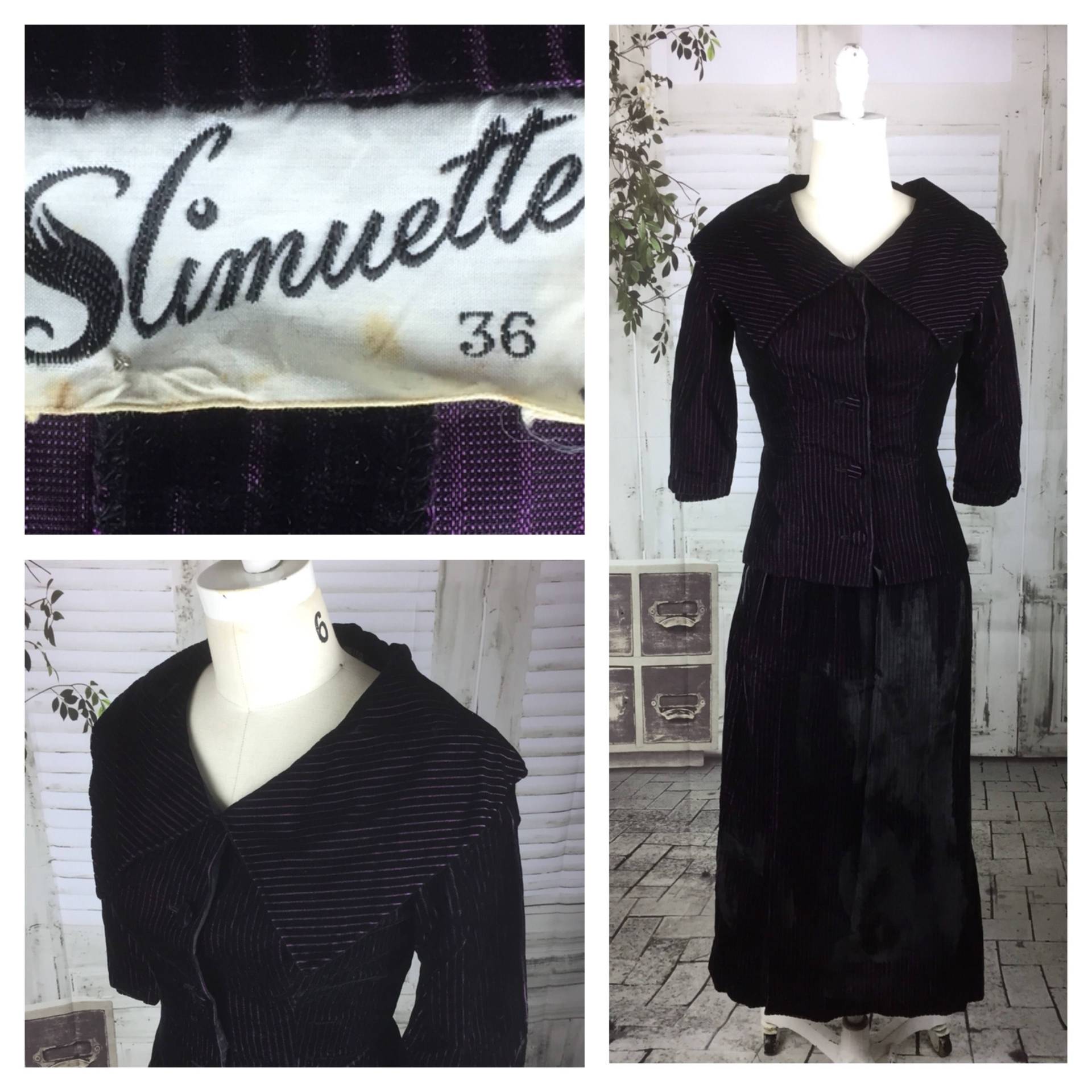 Original 1950Er Jahre Vintage Schwarz Samt Mit Lila Streifen Rock Anzug Von Slimuette Petite von BlackSheepAntiquesUK