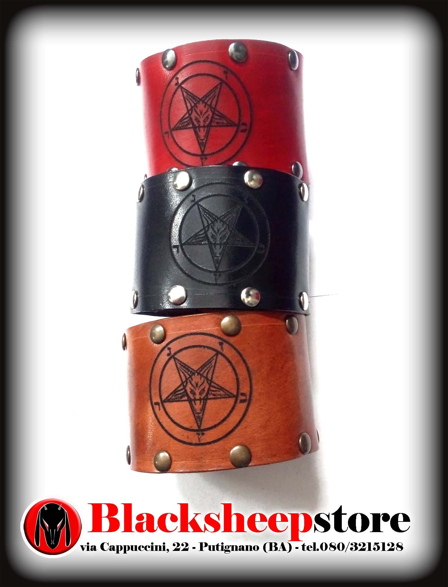 Handgefertigte Lederarmband 5 cm Mit Baphomet 666 Satan Schwarz Metallgravur Siegel Esoterisch Besetzt, Verschiedene Farben von BlackSheepItaly