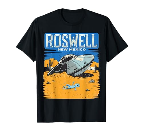 BlackThreadCa Herren Unisex-Erwachsene Schwarz S (Small, EU) Kurzarm Cartoon Alien-UFO Roswell, New Mexico T-Shirt von BlackThreadCa