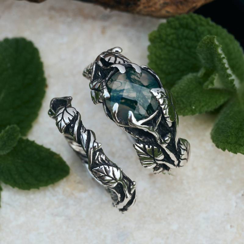 Boho Natur Ring Set Sierra | Moosachat Schmuck Grüner Stein Silber Verlobungsring Designer Ringe Für Damen von BlackTreeLab