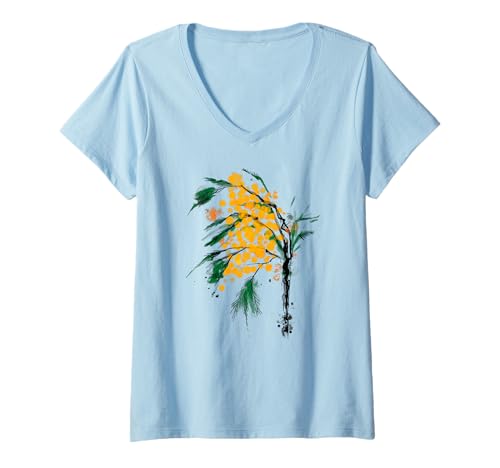 Damen Aquarell Mimose Blume T-Shirt mit V-Ausschnitt Damen Aquarell Mimose Blume T-Shirt mit V-Ausschnitt von Blacklinesw9